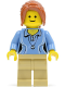 Medium Blue Female Shirt with Two Buttons and Shell Pendant, Tan Legs, Dark Orange Hair Ponytail Long with Side Bangs