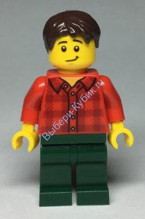 Man with Red Flannel Shirt, Dark Green Pants and, Dark Brown Hair