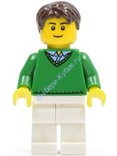 Green V-Neck Sweater, Tan Legs, Dark Brown Short Tousled Hair, Thin Grin