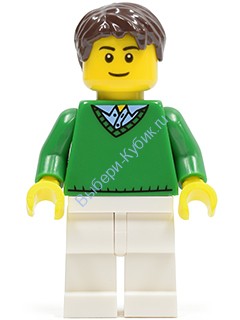 Green V-Neck Sweater, Tan Legs, Dark Brown Short Tousled Hair, Thin Grin