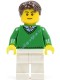 Green V-Neck Sweater, Tan Legs, Dark Brown Short Tousled Hair, Thin Grin